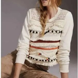 Anthropologie Forever That Girl Cream Sweater with Pom Pom & Fringe, NWOT- XL